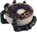 DWK - Helping Hand - Beautiful Gothic Skull Beverage Coasters with Creepy Skeleton Hand Holder for Halloween Home Kitchen Dining and Bar Décor Accent,  5.5-inch