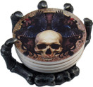 DWK - Helping Hand - Beautiful Gothic Skull Beverage Coasters with Creepy Skeleton Hand Holder for Halloween Home Kitchen Dining and Bar Décor Accent,  5.5-inch