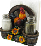 DWK 6" Country Diner Rooster with Wagon Wheel Farm Barrel and Sunflowers Napkin Holder with Salt & Pepper Shaker Set for Kitchen Dining Decor
