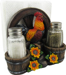 DWK 6" Country Diner Rooster with Wagon Wheel Farm Barrel and Sunflowers Napkin Holder with Salt & Pepper Shaker Set for Kitchen Dining Decor
