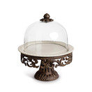 Glass Domed Cake Pedestal With Acanthus Leaf Ornate Brown Metal Base and Cream Ceramic Plate