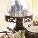 Glass Domed Cake Pedestal With Acanthus Leaf Ornate Brown Metal Base and Cream Ceramic Plate