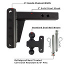Bulletproof Hitches 2.0" Adjustable Heavy Duty (22,000lb Rating) 4" Drop/Rise Trailer Hitch with 2" & 2 5/16" Dual Ball (Black Textured Powder Coat, Solid Steel)