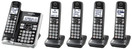 Panasonic Link2Cell Bluetooth Cordless Phone System with Voice Assistant, Call Block and Answering Machine, Expandable Home Phone with 5 Handsets – KX-TGF575S (Black with Silver Trim)