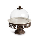 Glass Domed Cake Pedestal With Acanthus Leaf Ornate Brown Metal Base and  Cream Ceramic Plate 