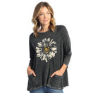 Jess & Jane 100% Cotton Slub Patch Pockets Tunic Top BLK Daisy Day Small