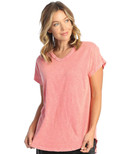 Jess & Jane V Neckline Short Sleeve Top M91 (Large, Coral)