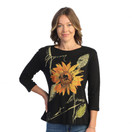 Jess & Jane Sunflower Abstract Print Womens Cotton Top - 1X, Black