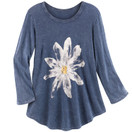 Jess & Jane Women's Watercolor Daisy Print Tunic Top - 3/4 Sleeves Shirt, Blue, Navy Blue