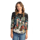 Jess & Jane Feliz Navidad Womens Christmas Print Cotton Top (Black)