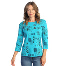 Jess & Jane Mia Abstract Print Womens Cotton Top - Small, Teal