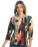 Jess & Jane Tom Tom Cotton Tee Shirt Top, Oatmeal - 1X, Multi-color