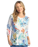 Jess & Jane Abstract Print Crew Neck Side Slit Burnout Top 44 (1X, Flora)