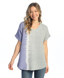 Jess & Jane Mineral Washed Gauze Short Sleeve Top - M104 - 1X, Lilac & Gray