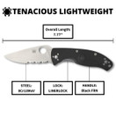 Spyderco Tenacious Lightweight Folding Utility Pocket Knife with 3.39" Stainless Steel Blade & Black FRN Handle - Everyday Carry - CombinationEdge - C122PSBK (Black Handle, CombinationEdge)