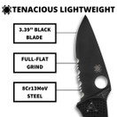 Spyderco Tenacious Lightweight Folding Utility Pocket Knife with 3.39" Black Stainless Steel Blade and Black FRN Handle - Everyday Carry - CombinationEdge | C122PSBBK