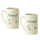 Belleek Himself & Herself Irish Coffee Mugs Set of 2 - Handcrafted Shamrock Ceramic Cups, White, 4.3"W x 4.5"H, 12oz