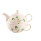 Belleek Shamrock Tea for One - Handcrafted Ceramic Teapot and Cup Set - Microwave Safe Fine Parian China Tea Pot - White
