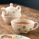 Belleek Shamrock Tea for One - Handcrafted Ceramic Teapot and Cup Set - Microwave Safe Fine Parian China Tea Pot - White