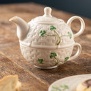 Belleek Shamrock Tea for One - Handcrafted Ceramic Teapot and Cup Set - Microwave Safe Fine Parian China Tea Pot - White