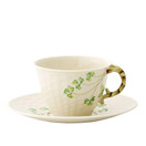 Belleek Classic Shamrock Tea Cup and Saucer Set - Collectible Irish Handmade Fine Parian China Set - Vintage Inspired Teacup and Saucer - Microwave Safe Porcelain Ceramic Tea Set - 6 fl oz