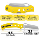 Maxam 5 Inch Saltwater Knife - Rust-Proof German Stainless Steel Serrated Blade w/ High-Visibility Yellow Handle, Reversible Pocket Clip, Lanyard Hole