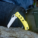 Maxam 5 Inch Saltwater Knife - Rust-Proof German Stainless Steel Serrated Blade w/ High-Visibility Yellow Handle, Reversible Pocket Clip, Lanyard Hole