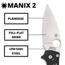 Spyderco Manix 2 Signature Knife with 3.37" CPM S30V Steel Blade and Durable Black G-10 Handle - PlainEdge - C101GP2