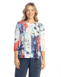 Jess & Jane Abstract Print Crew Neck Side Slit Burnout Top - 44 (Americana)