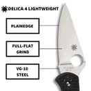 Spyderco Delica 4 Lightweight 7.15" Signature Folding Knife with 2.90" Flat-Ground Steel Blade and High-Strength FRN Handle - PlainEdge Grind