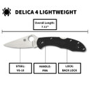 Spyderco Delica 4 Lightweight 7.15" Signature Folding Knife with 2.90" Flat-Ground Steel Blade and High-Strength FRN Handle - PlainEdge Grind