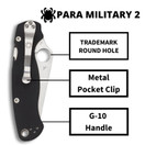 Spyderco Para Military 2 EDC Folding Utility Knife - 3.42" CPM S45VN Steel Blade and Durable G-10 Handle, PlainEdge - C81GP2