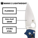 Spyderco Manix 2 Lightweight Translucent Blue PlainEdge | C101PBL2