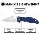 Spyderco Manix 2 Lightweight Translucent Blue PlainEdge | C101PBL2