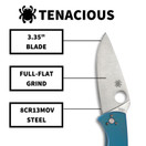 Spyderco Tenacious Folding Utility Pocket Knife with 3.35 In R.I.L. Blue Titanium Blade and Durable Handle - Everyday Carry - PlainEdge - C122TIBLP