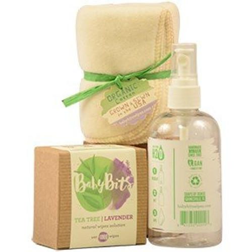 Baby Bits Starter Kit Set - 1 Box of Baby Bits Wipe Solution, 1 Baby Bits Spray Bottle and 3 OsoCozy Organic Flannel Cotton Wipes