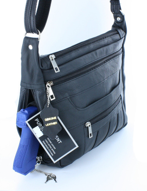 Black Crossbody or Shoulder Carry Leather Locking Concealment Purse - CCW Concealed Carry Gun Bag