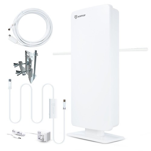 ANTOP AT-400BV Flat-Panel Smartpass Amplified Outdoor/Indoor HDTV Antenna with High Gain and Built-in 4G LTE Filter 60/70 Miles Long Range 39' Detachable Coaxial Cable, White