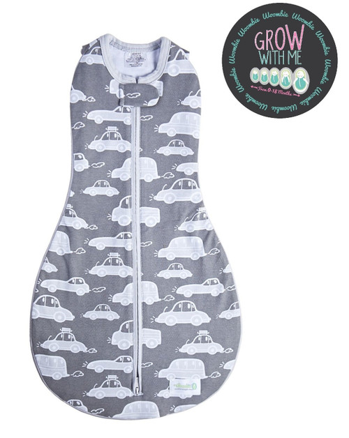 Woombie Woombie Grow With Me Baby Swaddle - Convertible Swaddle Fits Babies 0-9 Months - Expands to Wearable Blanket for Babies Up to 18 Months (Bye Bye Cars, Grey)