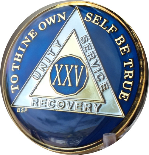 Bright Star Press 25 Year Midnight Blue AA Alcoholics Anonymous Medallion Chip Tri Plate Gold & Nickel Plated