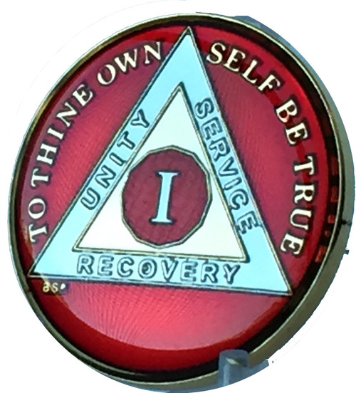 Bright Star Press 1 Year Mandarin Red Gold & Nickel Tri-Plate AA Alcoholics Anonymous Sobriety Medallion Chip Serenity Prayer