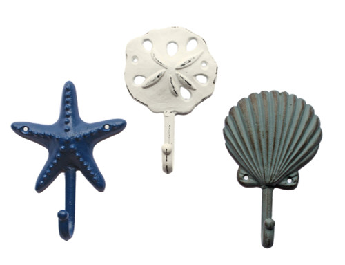 Midwest-CBK Sea Treasures Wall Hooks - Set of 3 - Antique Weathered Hangers for Coats, Aprons, Hats, Towels, Pot Holders - Scallop, Sand Dollar, Sea Star / Starfish