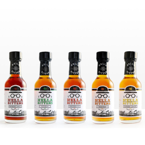 Hella Cocktail Co. Hella Cocktail Five Flavor Bitters Bar Set: Aromatic, Citrus, Smoked Chili, Ginger and Orange Bitters, Premium, 1.7oz Bottle, 5-Bottle Set