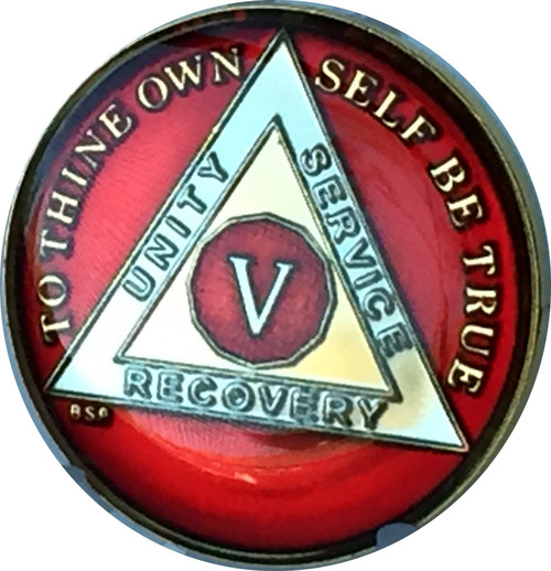 Bright Star Press 5 Year Mandarin Red Gold & Nickel Tri-Plate AA Alcoholics Anonymous Sobriety Medallion Chip Serenity Prayer