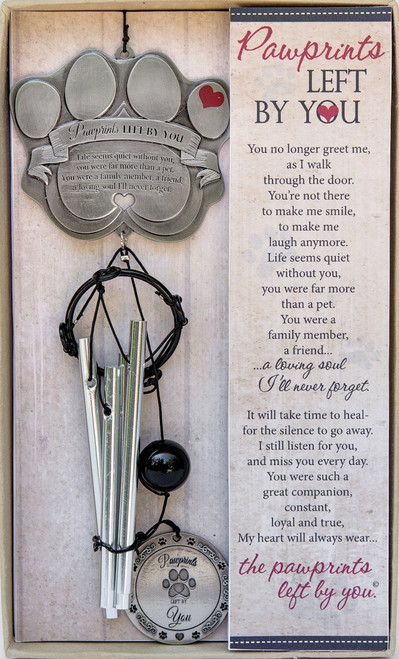 The Grandparent Gift Co. Pet Memorial Wind Chime - 12 Metal Casted Pawprint Wind Chime - A Beautiful Remembrance Gift For a Grieving Pet Owner- Includes Pawprints Left By You Poem Card.