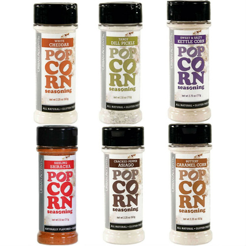 Gourmet Popcorn Seasoning Variety Pack, All Natural (6 Flavors) - Dill Pickle, White Cheddar, Kettle Corn, Caramel, Sriracha, Cracked Pepper Asiago