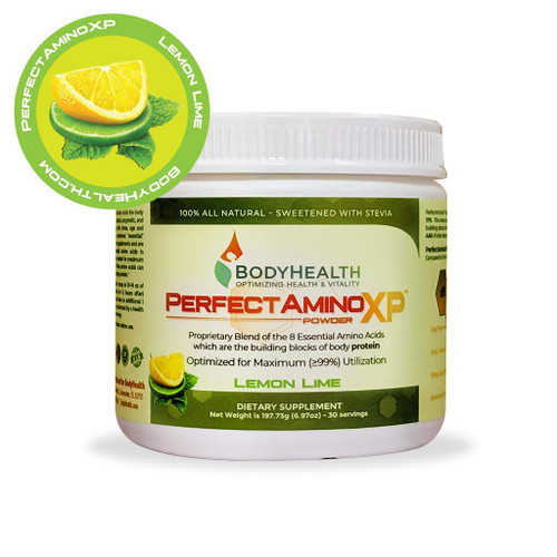 BodyHealth PerfectAmino XP Lemon Lime (30 Servings), Best Pre/Post Workout Recovery Drink, 8 Essential Amino Acids Energy Supplement with 50% BCAAs, 100% Organic, 99% Utilization