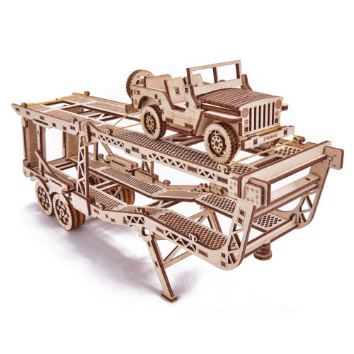 Wood Trick Model Car Trailer Addition for Big Rig Truck, Toy Trailer with Mini Jeep Toy Car - 3D Wooden Puzzle, ECO Wooden Toys, Best DIY Toy - STEM Toys for Boys and Girls