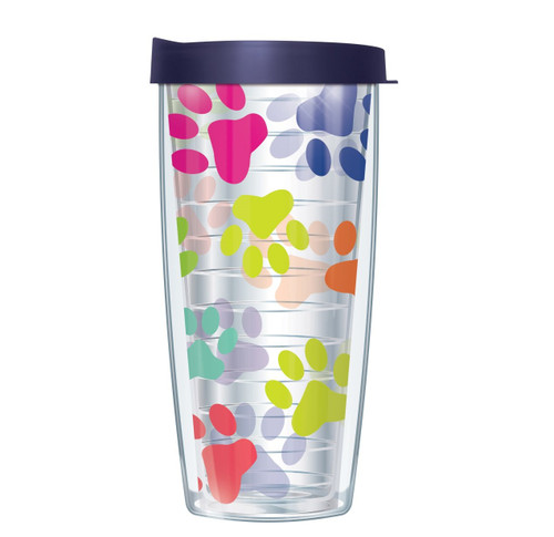 Paw Prints On Clear Wrap Traveler 16 Oz Tumbler Cup with Navy Lid