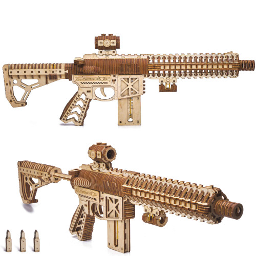 Wood Trick Assault Rifle Gun Model Kit for Adults and Kids - with Telescoping Butt, Fuse, Sight and Clip for 12 Rounds - Very Detailed Construction - 23x8â - 3D Wooden Puzzle - 14+